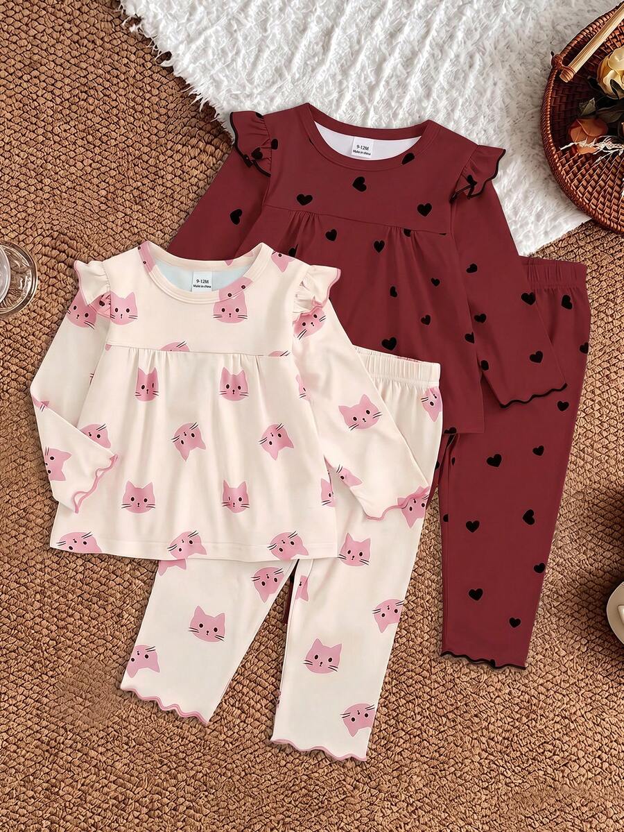 SHEIN Vintaside Kids 4件組女嬰卡通印花T恤與長褲套裝 拍照用 黑色米白色 秋季可愛 Daddy's Girl - 彩色 - 查看 1