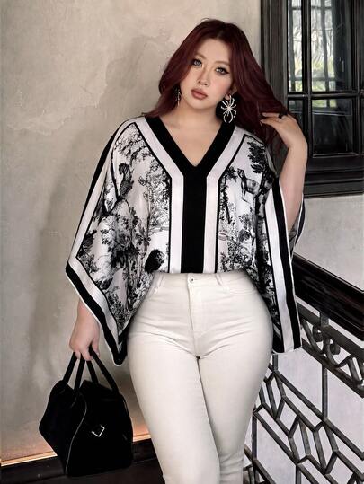 Vibekara Camisa de moda vintage de talla grande con estampado - Con diseño de estampado posicionado de patchwork y unicolor, con cuello en V profundo y corte casual holgado. Este estilo de camisa es vintage elegante, fluido y dinámico, con mangas de murciélago, adecuado para el uso diario, el Día de San Patricio, picnics, ropa de calle y talla grande ocasiones. Camisa cómoda, de moda y versátil