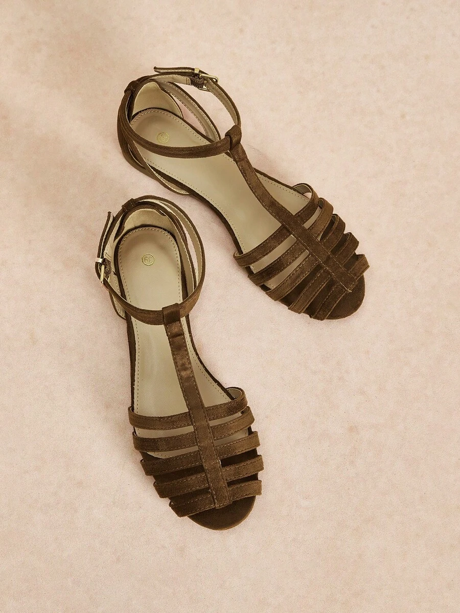 Rosivie 復古咖啡色包頭羅馬平底涼鞋,多橫條編織T字帶腳踝扣環,度假百搭涼鞋 - 復古咖色 - 查看 1