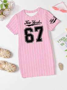 春夏女童休闲时尚创意个性清新简约粉白条纹纽约67字母印花短袖T恤裙，舒适日常穿着，温暖的夏秋款式，适合春、夏、秋季穿着。 - 彩色 - 查看 5