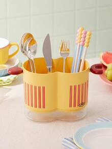 Joivida 1PC Dopamine Color Divided Utensil Holder, Dual Compartment Plastic Cutlery Storage Basket With Vertical Stripes And Cute Handle Decor, Built With Hollow Draining Structure And Transparent Water Collecting Tray, Effectively Separates Wet Tableware - Multicolor - View 4