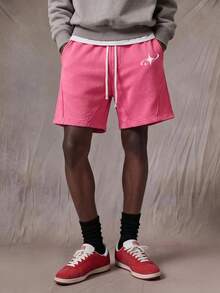 ROMWE MEN Essentials Pantalones cortos casuales sueltos con cordón y bolsillos para hombres - Rosa Fucsia - Ver 3