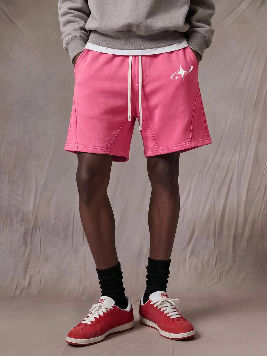ROMWE MEN Essentials Men's Drawstring Waist Pockets Casual Loose Shorts - Hot Pink - View 1