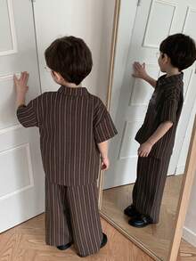 Hapijoa Young Boy Striped Polo Shirt And Straight Leg Pants Set - Brown - View 3