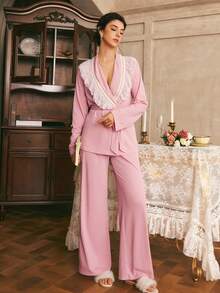 Côtesoire Southern French Court Romantic Casual Lace Patchwork Long Sleeve Pants Pajama Set For Women - Dusty Pink - View 3
