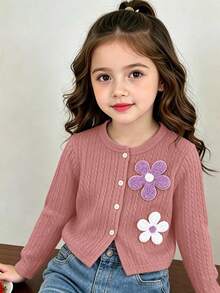 SHEIN Elladie kids 女童柔軟紋理麻花針織開襟衫，可愛優雅甜美公主風，百搭時尚外套，適合春、夏、秋季日常穿著、聚會、派對、外出、上學 - 粉色 - 查看 1