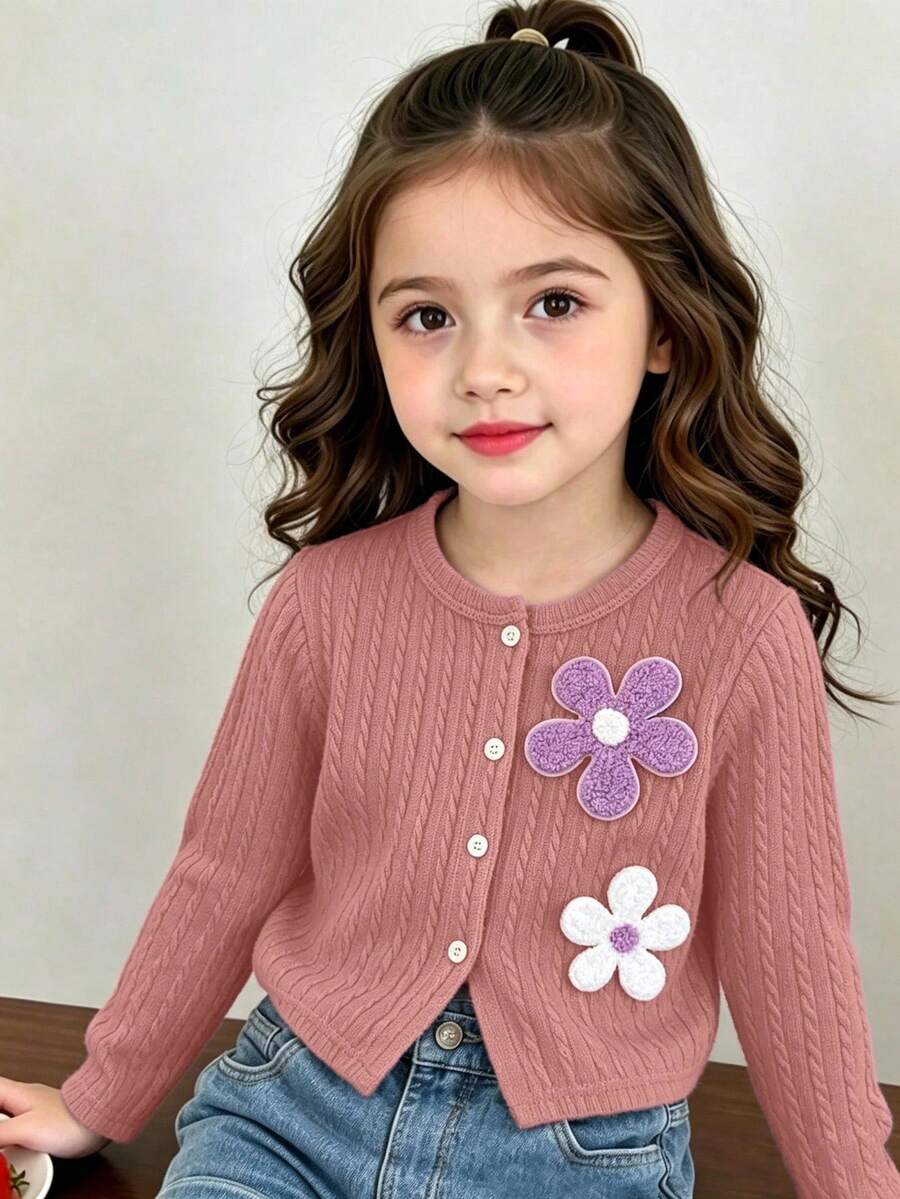SHEIN Elladie kids 女童柔軟紋理麻花針織開襟衫,可愛優雅甜美公主風,百搭時尚外套,適合春、夏、秋季日常穿著、聚會、派對、外出、上學 - 粉色 - 查看 1