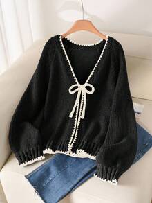 CosyJoli Plus Size Casual Sweater With Tie Bow Contrast Trim Cardigan In Fall/Winter - Black - View 3