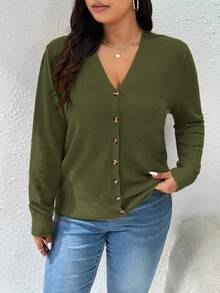 CosyJoli Women's Plus Size Solid Color Basic Cardigan, Casual Loose Button-Up Long Sleeve Top In Fall/Winter - Green - View 12
