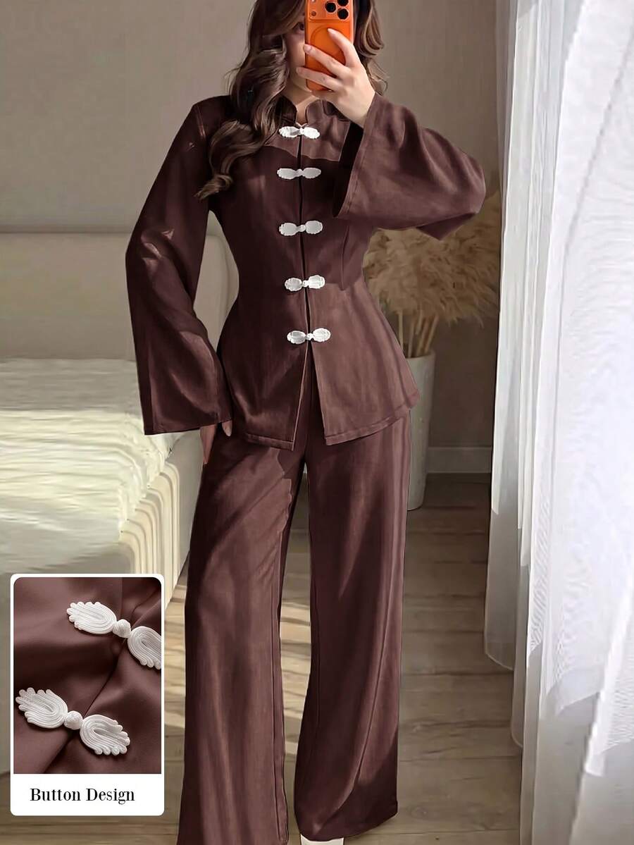 Modelyn 春夏女款兩件套,附腰部收緊繫帶與盤扣設計,顯瘦優雅百搭,適合日常通勤 - 咖啡棕 - 查看 1