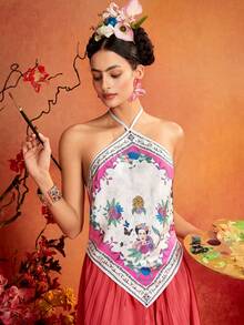 Glamance Frida Kahlo X SHEIN Portrait Print Scarf Neck Backless Top Tank Top Waist-To-Hip Ratio Elegant Mature Casual Sexy Outing Work Office Daily Gathering Party Birthday Vacation Middle East Travel Beach Swimwear Night Out Bohemian Summer - White - View 1