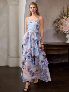 MOTF PREMIUM MULTI-LAYER RUFFLE HEM CAMI DRESS - Blue - View 3
