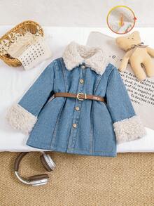 Manteau mi-long épais avec col en fourrure pour jeunes filles, nouvelle arrivée automne/hiver, veste en jean délavé et usé style coréen au-dessus du genou, convient pour le port extérieur et décontracté - Bleu azur - Voir 6