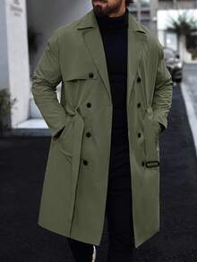 Manfinity Homme 男士秋季休閒雙排扣繫腰風衣 - 軍綠色 - 查看 1