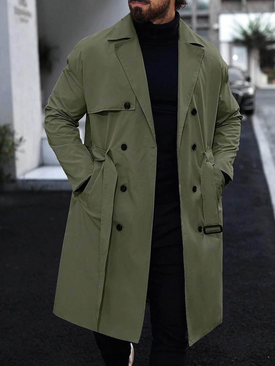 Manfinity Homme 男士秋季休閒雙排扣繫腰風衣 - 軍綠色 - 查看 1