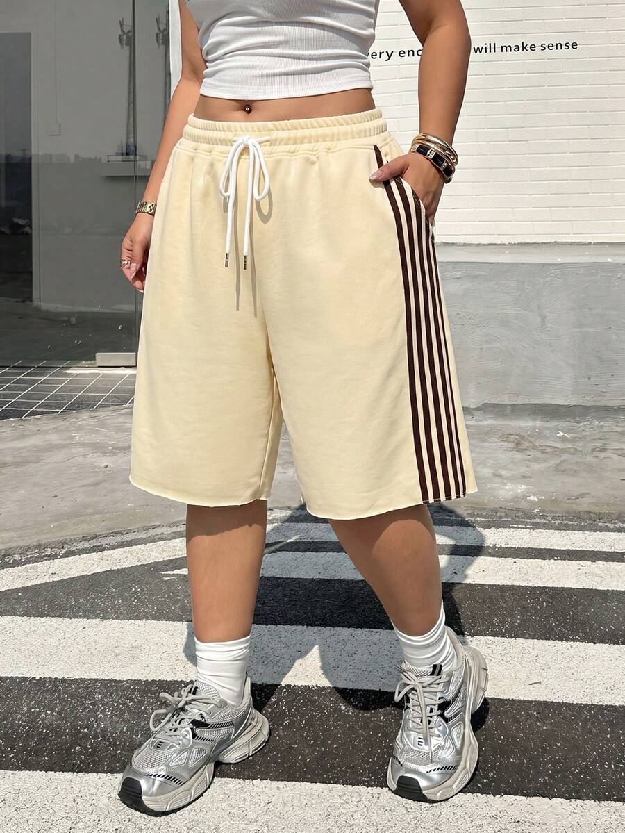 Muchica Plus Size Yellow Color-Blocked Wide-Leg Casual Sports Shorts With Knitwear - Pale Yellow - View 1