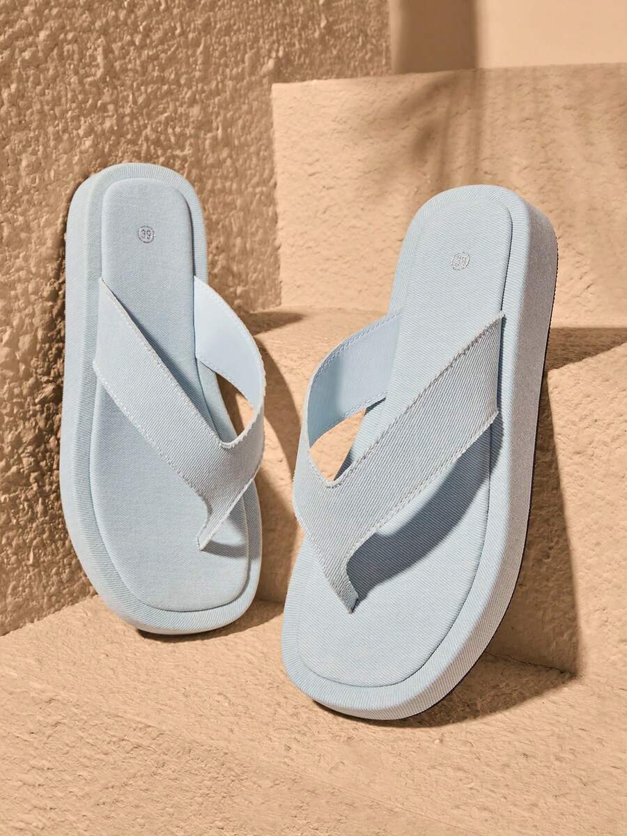 HighSole 春夏新款寬版設計露趾厚底增高極簡風涼鞋 - 牛仔淺藍 - 查看 1