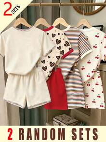 (2 Random Item From 4) Girls' Colorful Striped Floral Strawberry Leopard Bow Polka Dot Cherry Pattern Basic Short T-Shirt And Shorts Set - Multicolor - View 2