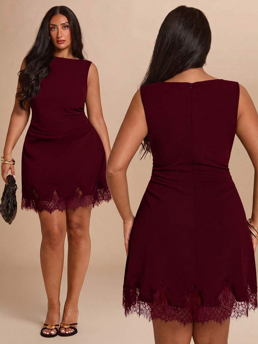SHEIN BAE CURVE 大尺碼女款黑色蕾絲拼接無袖洋裝 - 紫紅色 - 查看 1