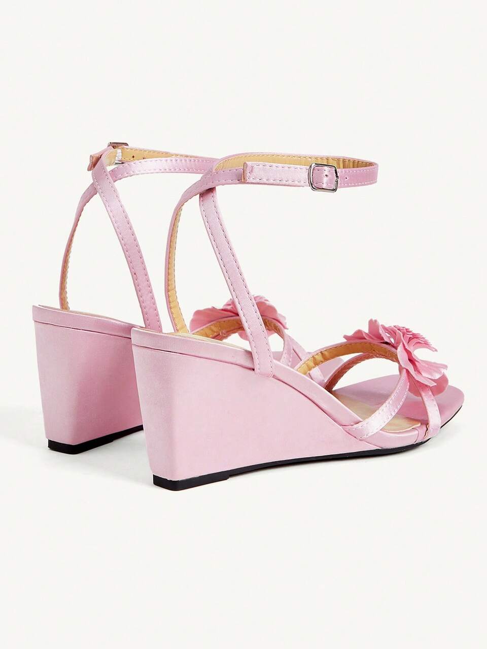 CUCCOO CHICEST Pink Satin Flower Wedge Sandals Women's Summer New Buckle With Square Toe Fairy Style With Skirt Sandals