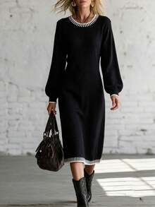 Omancia Autumn/Winter New Casual Daily Commute Black Round Neck Long Sleeve Straight A-Line White Contrast Dogtooth Trim Women's Fashion Knit Pullover Dress - Black - View 4