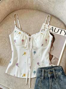 SHEIN Women's Summer Floral Lace Ribbon Tie Strap Camisole - Multicolor - View 1
