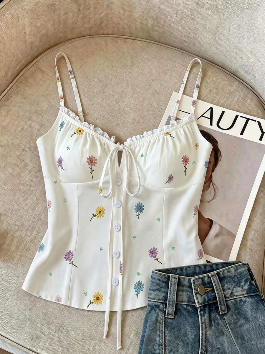 SHEIN Women's Summer Floral Lace Ribbon Tie Strap Camisole - Multicolor - View 1