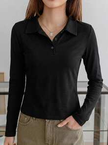 Dazy-Less 女款春夏長袖鈕扣修身純黑色棉質休閒百搭 Polo 領 T 恤 - 黑色 - 查看 5