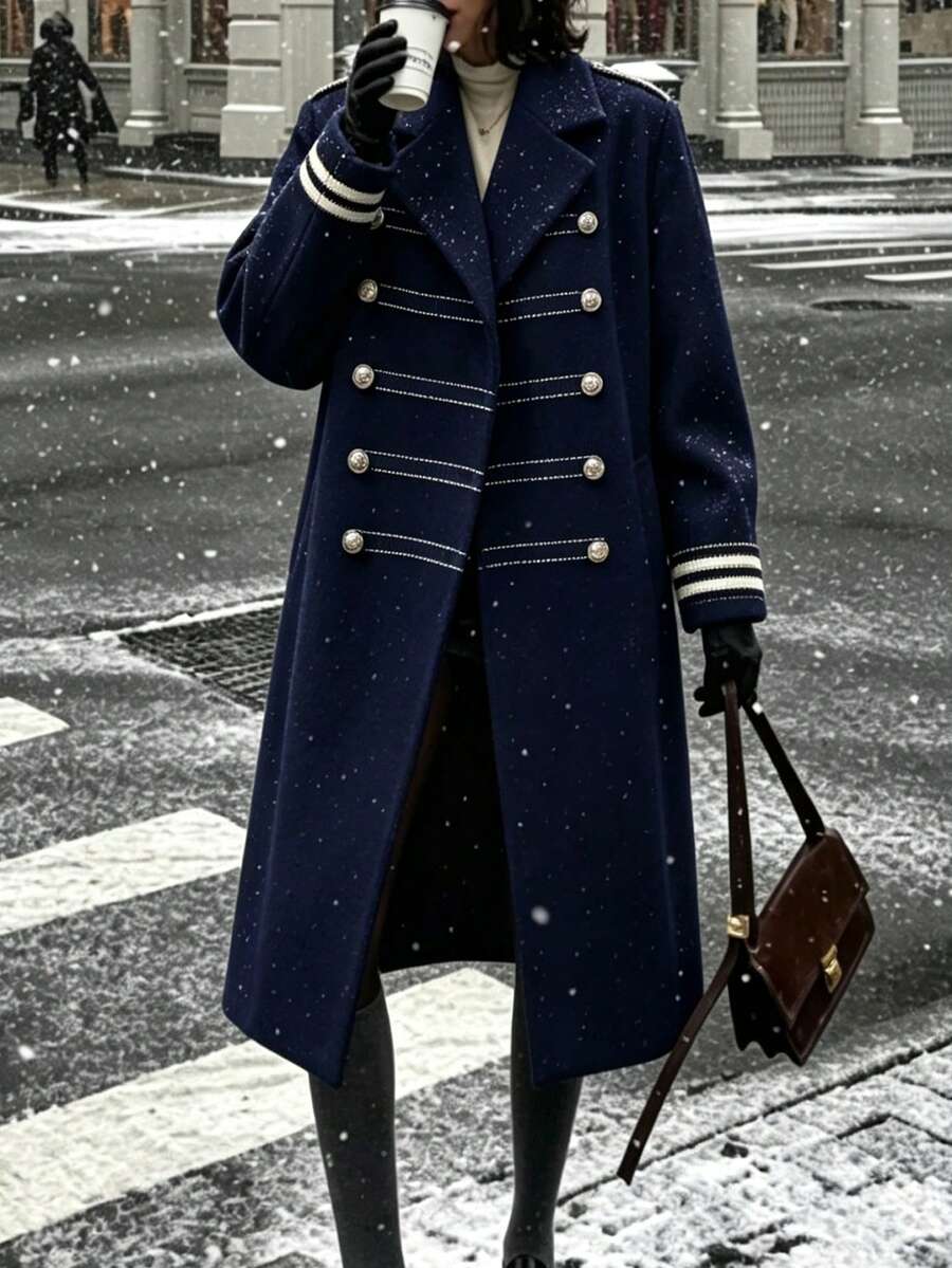 SHEIN Autumn/Winter Thick Navy Blue Wool Pocket Double-Breasted Long Sleeve Loose Casual Navy Style Wool Coat For Office And Outdoor