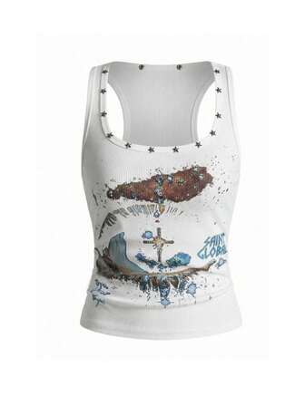 ROMWE Avant Canotta unisex da donna in stile retrò baddie, con stampa cielo stellato e borchie