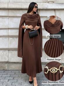 Modelyn Women's Solid Color Metal Decor Ruched Waist Long Sleeve Side Slit Deep Brown Dress, Elegant For Parties And Various Occasions - Dark Brown - View 7