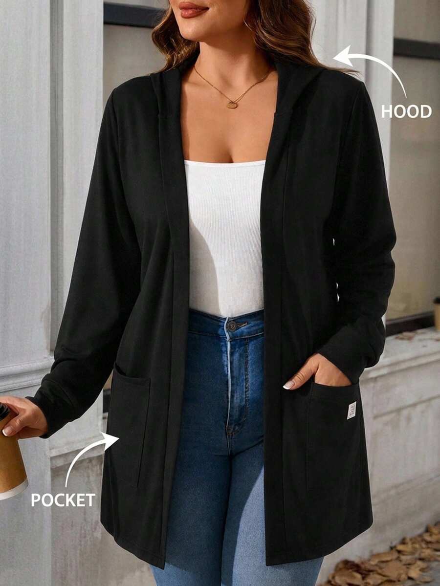 Reflora Plus Size Fashion Versatile Denim Pocket Long Sleeve Knit Cardigan Fall - Black - View 1