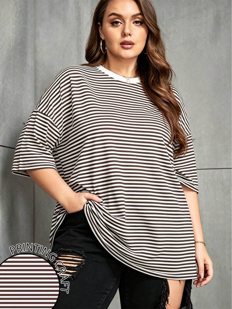 INAWLY Plus Size Colorblock Loose Fit Crew Neck T-Shirt - White - View 1