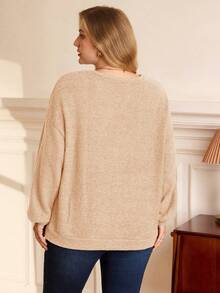 EMERY ROSE Plus Size Women Solid Color Round Neck Drop Shoulder Long Sleeve Casual Loose Sweatshirt - Apricot - View 3
