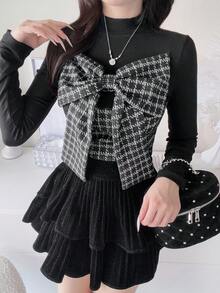 FRIFUL Women's Patchwork Houndstooth Bow Decor Long Sleeve Fashion T-Shirt Fall - Black - View 6