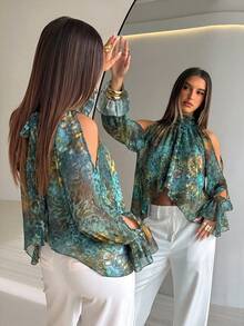 Aloruh 女款豹紋不對稱下擺喇叭袖上衣，度假秋季穿搭綠色性感露肩襯衫，適合早秋「辣妹」造型 - 綠色 - 查看 7