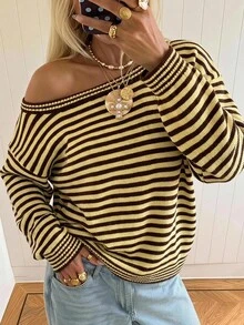 SHEIN EZwear 女款休閒條紋長袖針織衫，秋冬款 - 彩色 - 查看 8