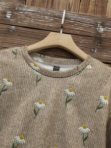 SHEIN LUNE 休閒可愛極簡印花圓領寬鬆女款運動衫，復古復古風，3D刺繡印花，初秋，校園卡其色 - 彩色 - 查看 4