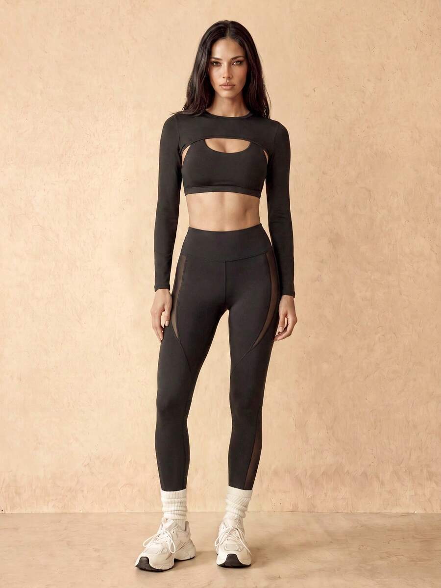 Silquee 1 Peça Top Super Cropped Ajustado de Manga Longa Sólido Esportivo - Preto - Visão 1