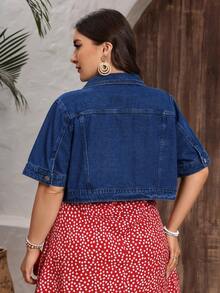 EMERY ROSE Plus Size Casual Cropped Denim Jacket For Vacation - Dark Wash - View 2