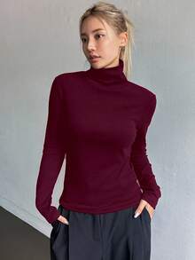 DAZY 女款純色極簡高領長袖T恤，日常穿著商務休閒女裝 - 酒紅色 - 查看 2