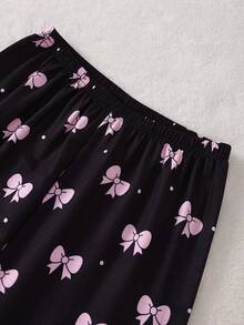 Teen Girls Black Base Bow Print Long Sleeve Cardigan & Long Pants 2 Pieces Set, Casual Comfortable Loungewear - Black - View 5