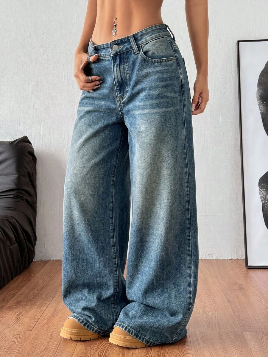 Coolane Women's Casual Washed Wide Leg Jeans - Medium Wash - View 1