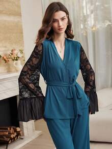 Moireta Französischer eleganter romantischer Damen-Pyjama-Set aus Strick-Jacquard mit ausgestellten Ärmeln und langen Hosen - Blau - Übersicht 5