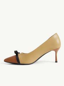 CUCCOO CHICEST Women's New Camel Brown Colorblock Pointed Toe Bow Low Cut Stiletto High Heels PU Leather Fashion Elegant Wedding Party Fall Shoes - camel brown - View 11