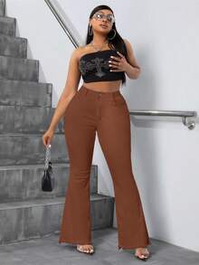 Slaydiva Plus Size Fashion Versatile Button Pocket Frayed Hem Flare Jeans - Brown - View 6