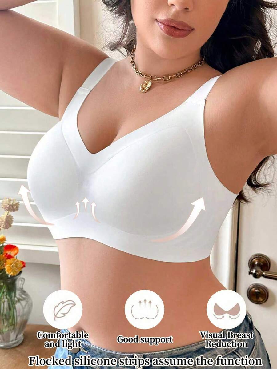 Plus Size Women Seamless Jelly Striped Soft Support Wireless Gather Lingerie Bra Cup - White - View 1