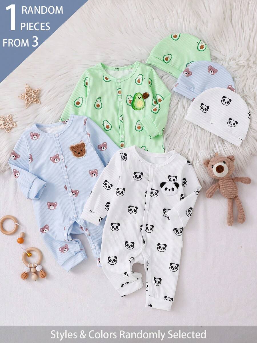 SHEIN 3套隨機發貨 1套春夏新生兒連身衣 白色熊貓、綠色酪梨、藍色小熊,可愛卡通元素印花,柔軟舒適羅紋布料,長袖長褲連身衣附帽子組合 - 彩色 - 查看 1