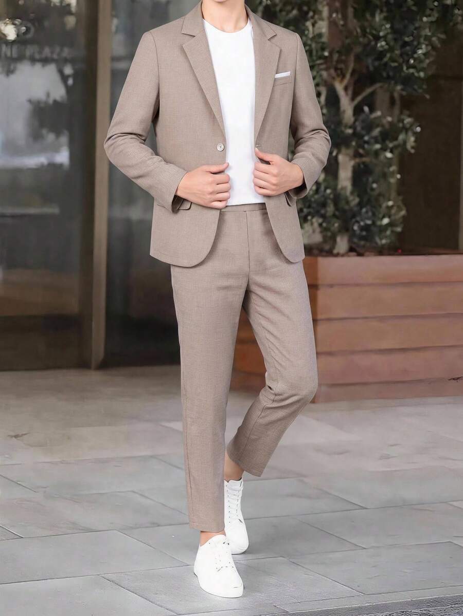 SHEIN 兒童青少年男孩紳士卡其色西裝外套與長褲套裝，派對禮品、返校穿搭、青少年服飾、男孩套裝、男孩服飾兒童套裝，適用於春、夏、秋、冬、情人節、約會、夏季穿搭、家庭聚會、返校季節、婚禮季節、運動、生日派對