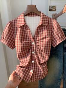 Comfortcana Kemeja Kotak-kotak Lengan Pendek Berkerut Gaya Vintage Kasual Wanita, Pakaian untuk Perjalanan Sehari-hari, Pakaian untuk Jalan-jalan, Streetwear, Cocok untuk Perjalanan Harian, Kencan, Berkumpul, Musim Gugur/Dingin, Musim Panas, Pesta, Pernikahan, Pantai, Upacara Wisuda, Elegan, Kasual, Jalan-jalan, Y2K, Pakaian Festival Musik, Pakaian Liburan, Pakaian Kembali ke Sekolah - MultiWarna - View 5